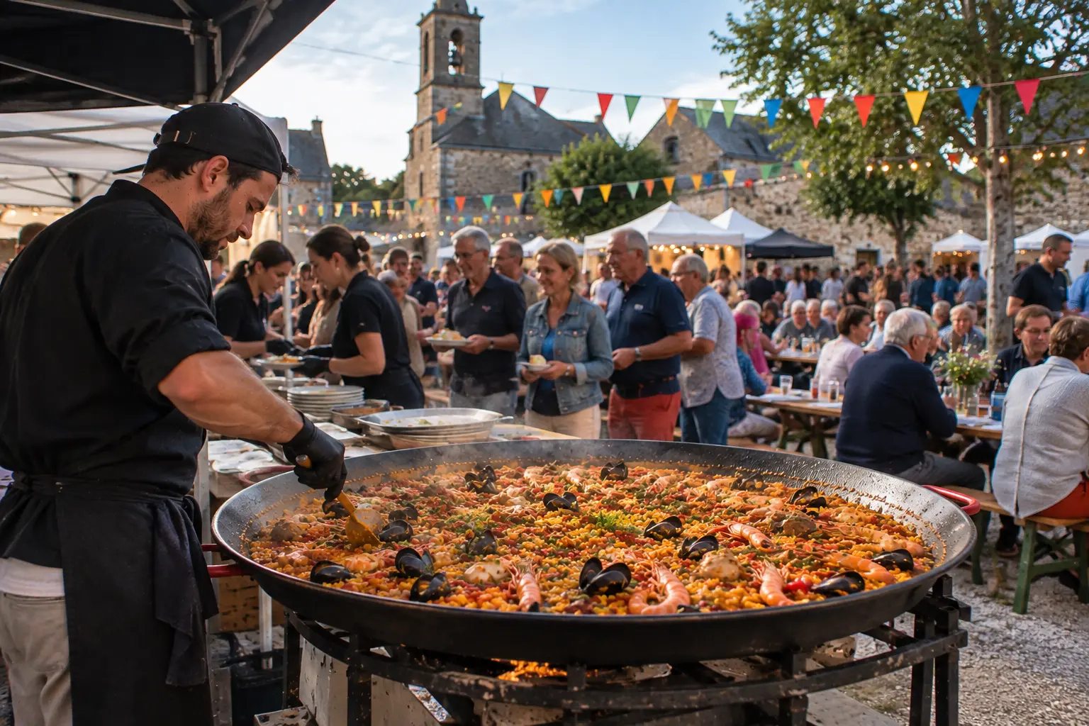 Paella géante servie lors d'une fête de village