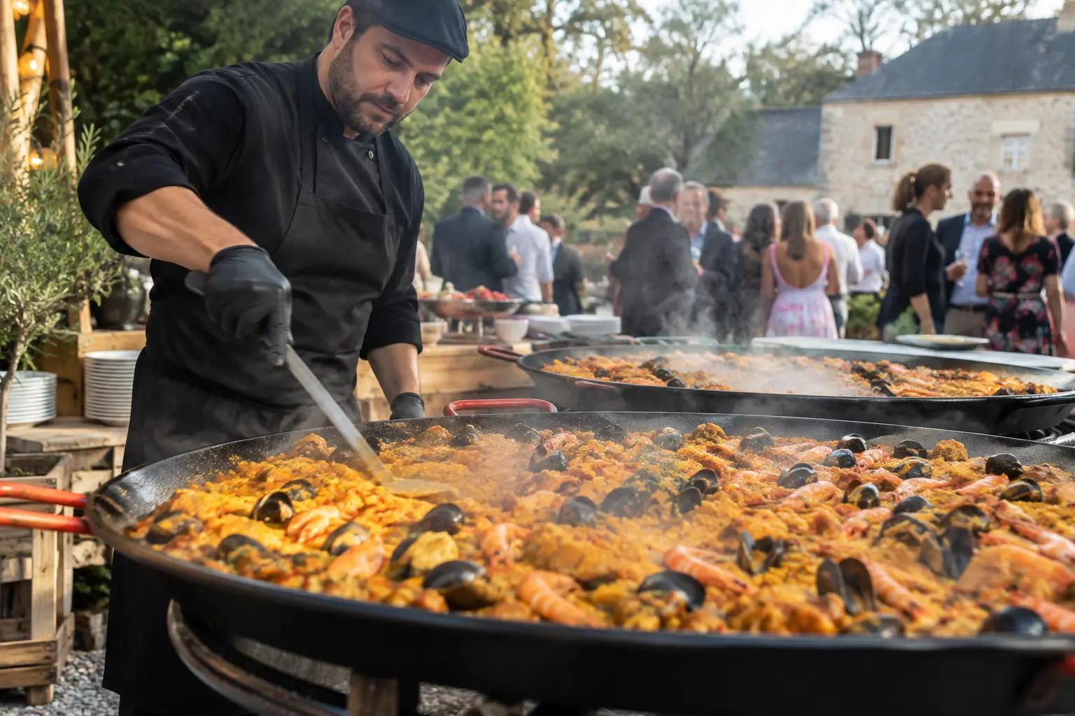 Cuisinier préparant une paella géante aux fruits de mer pendant une réception en extérieur